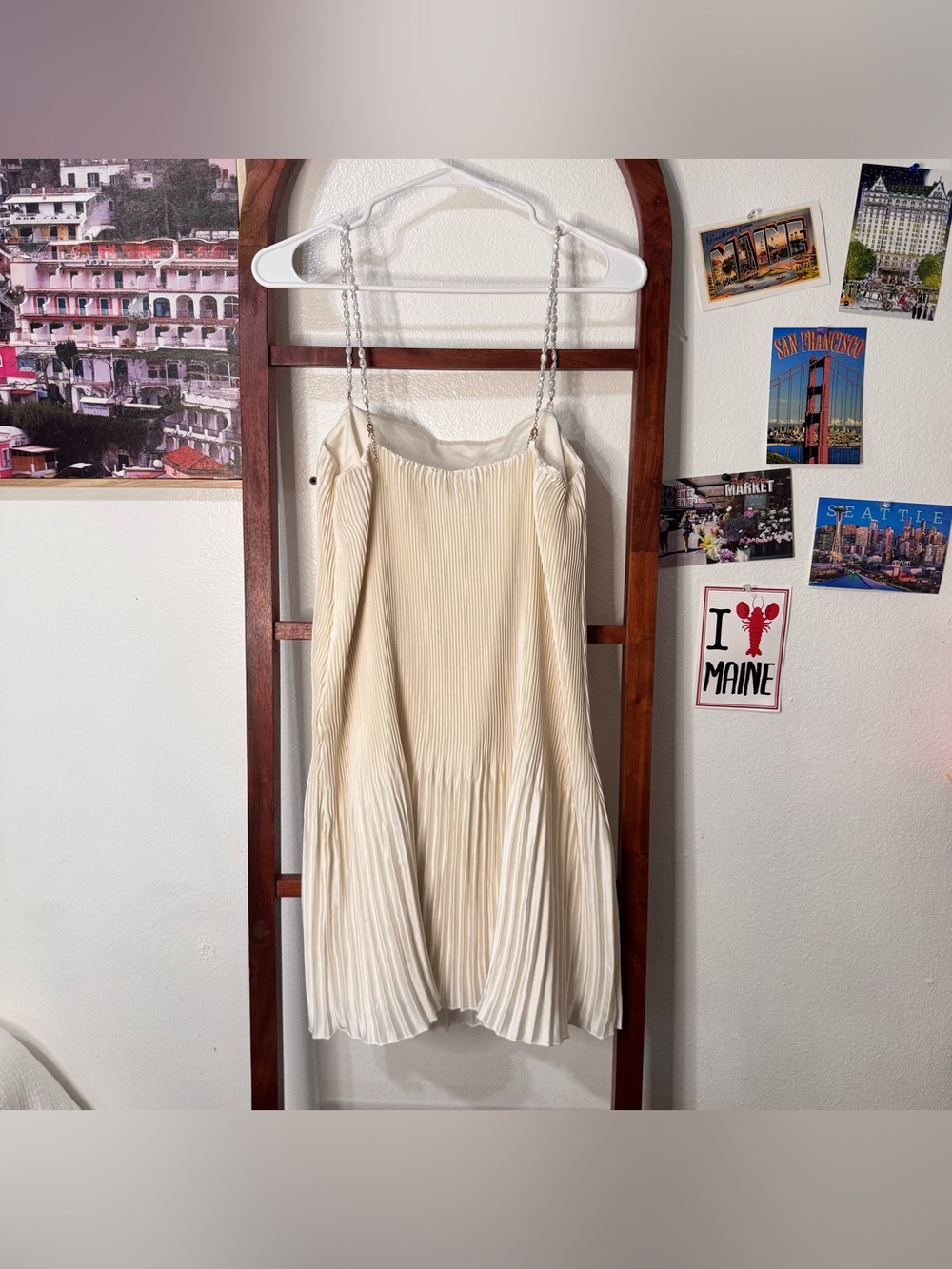 Abercrombie Giselle Faux Pearl Pleated Release Mini Dress Ivory Satin - Picture 9 of 9